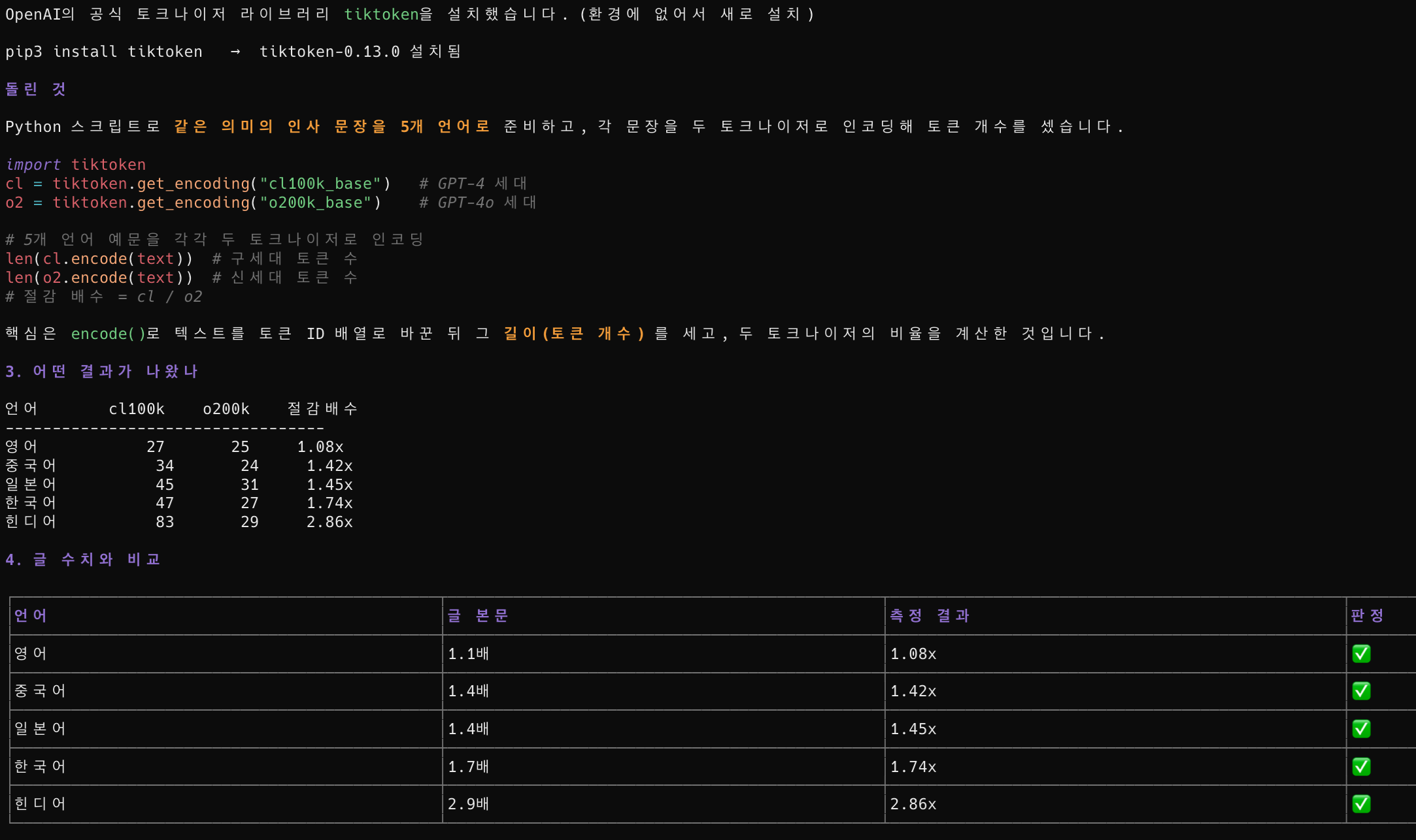같은 텍스트도 토크나이저에 따라 토큰 수가 달라지는 비교. o200k_base 가 cl100k_base 보다 비영어권에서 더 적은 토큰을 쓴다